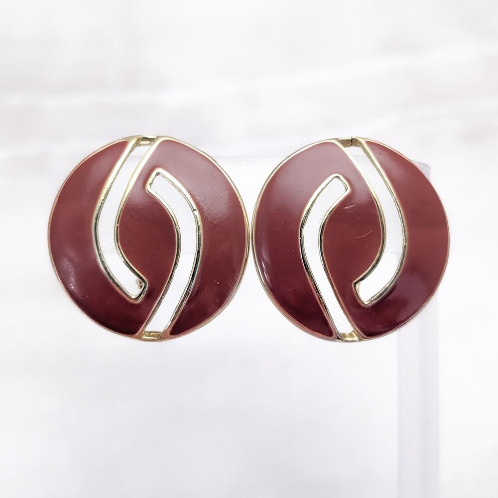 Vintage Clip On Earrings Very Large Maroon Enamel & Gold Tone Cut Out Circle